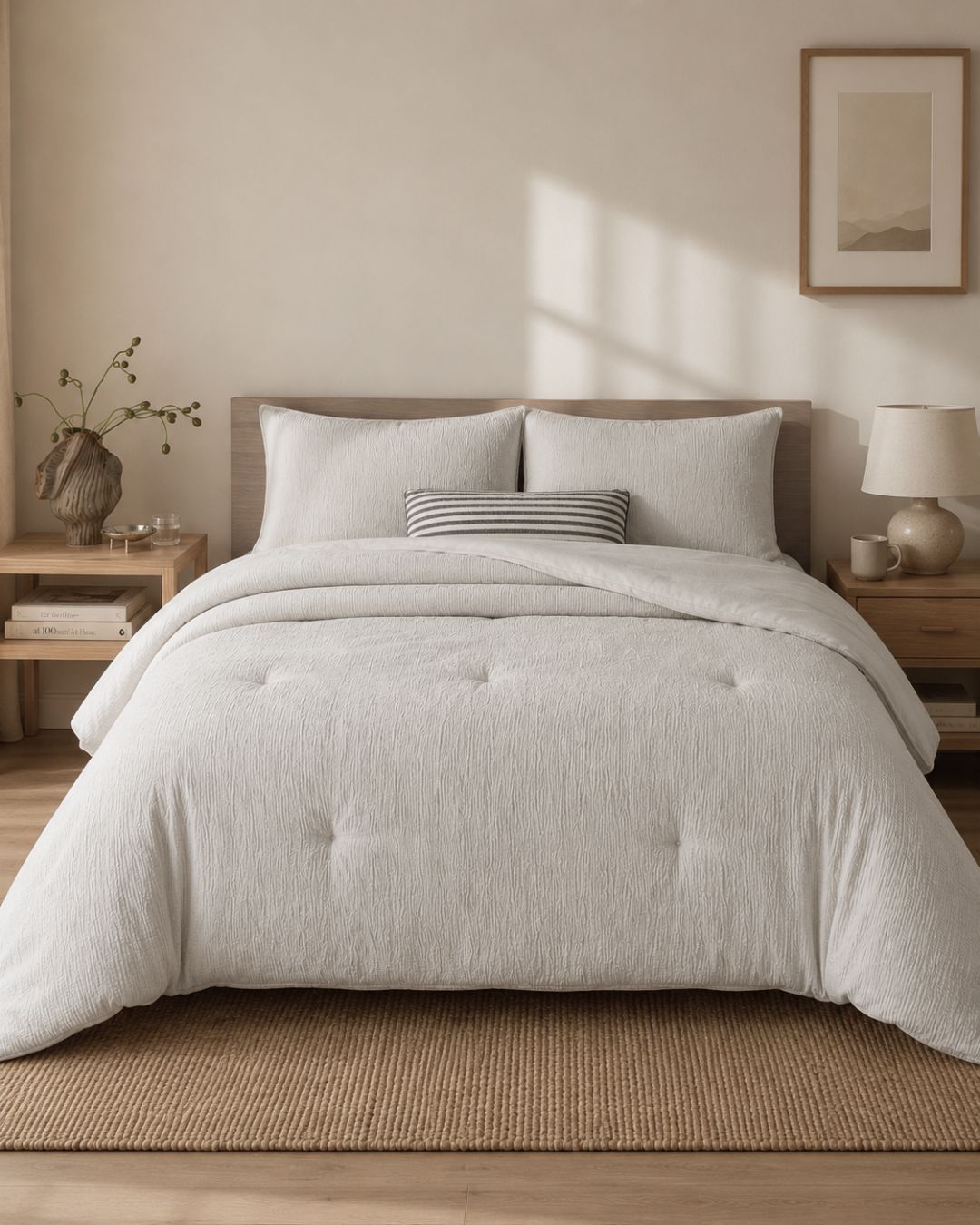 Neatly made bed with light-colored bedding in a bedroom setting.