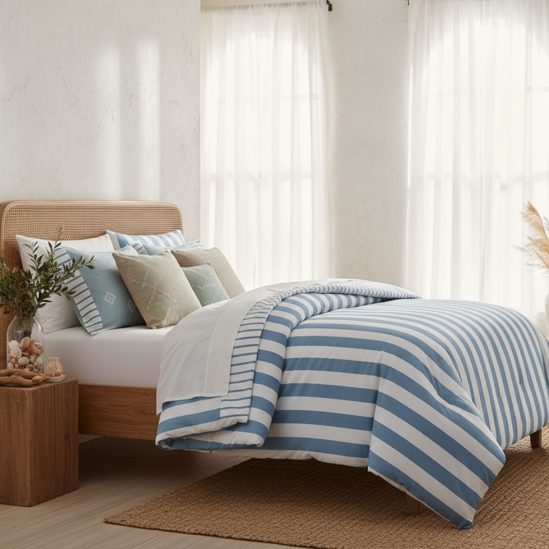 Bedroom with a bed featuring blue and white striped bedding, wooden headboard, and side table.