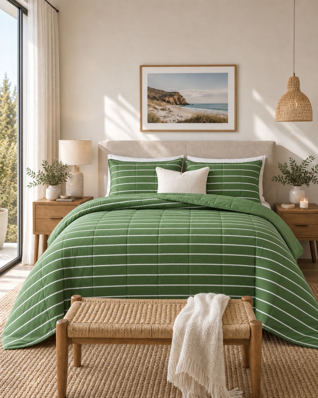A bed dressed in a green and white striped quilted comforter set with matching pillow shams, styled in a bright, modern bedroom with a wooden bench, bedside tables, and a framed coastal landscape print on the wall.