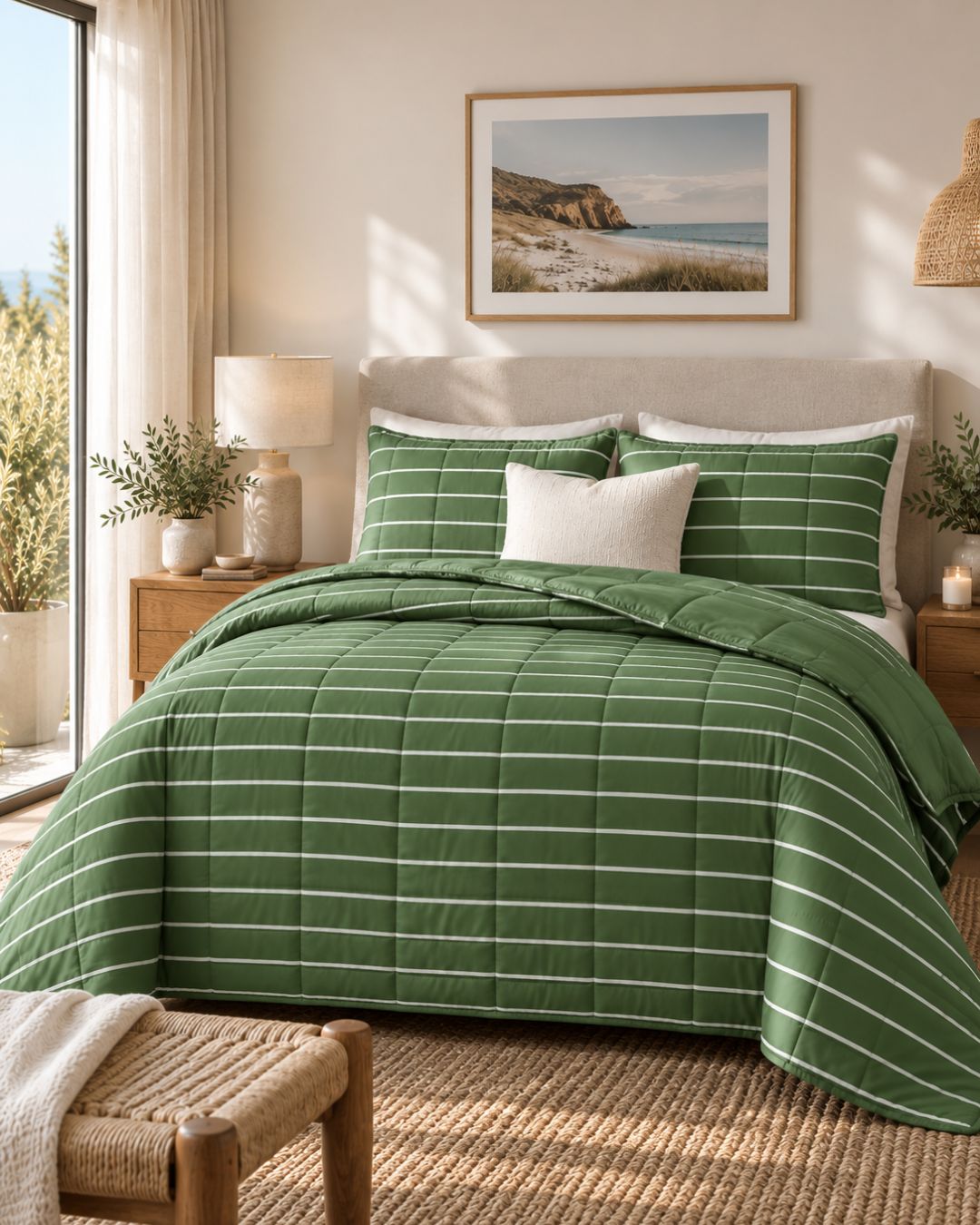 A green quilted comforter set with white stripes and matching pillow shams styled on a bed in a warm, sunlit bedroom. The scene includes a beige headboard, wooden nightstands, a lamp, a framed beach landscape print on the wall, and a woven bench in the foreground.