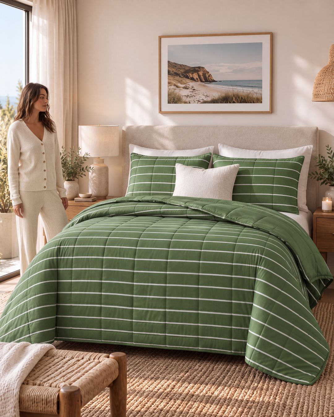 A woman in cream pajamas stands beside a bed styled with a green and white striped quilted comforter and matching pillow shams in a warm, sunlit bedroom.