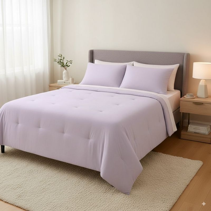 A lilac bed with a comforter in a nice bedroom setting