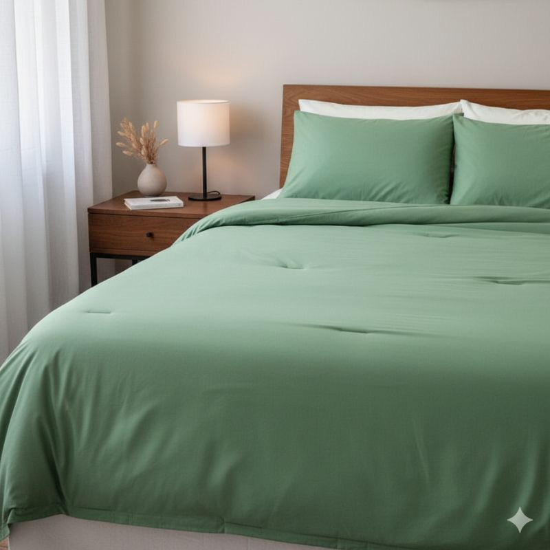 Green bedding set on a bed in a bedroom with a lamp and nightstand.