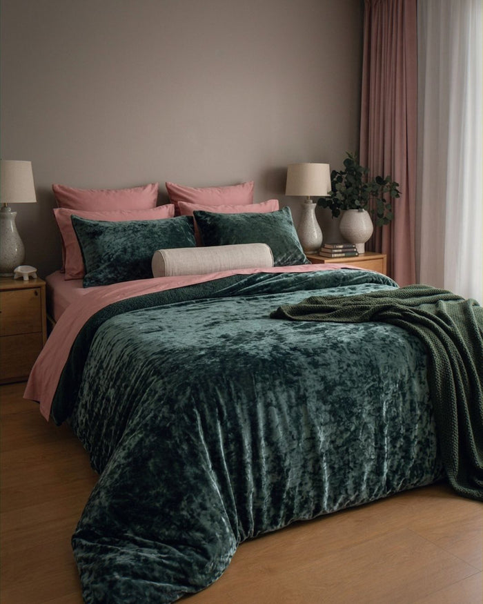 Morgan and Reid Sage Velvet Crushed Snuggle Fleece Comforter Set styled on a neatly made bed in a bright bedroom