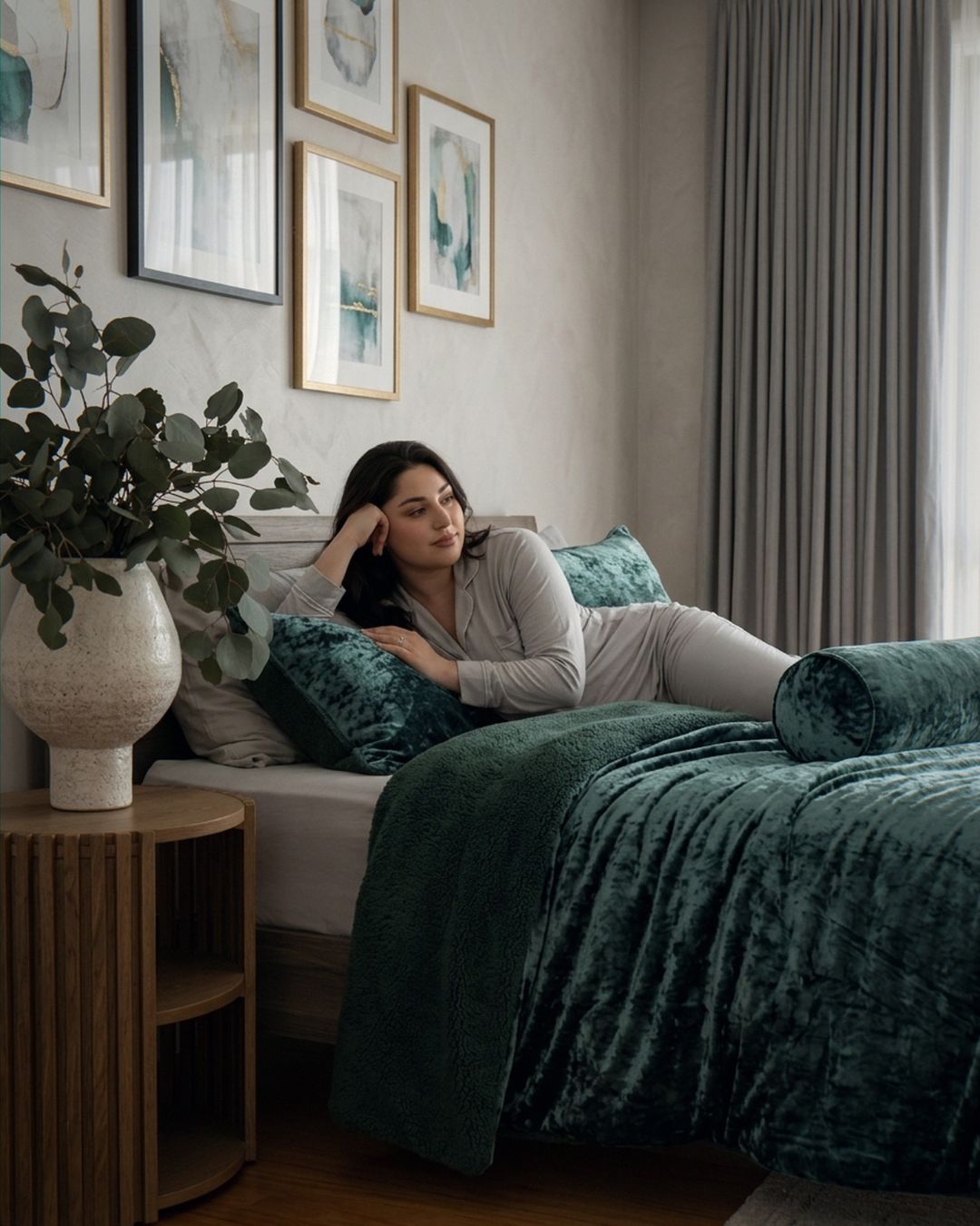 Morgan and Reid Sage Velvet Crushed Snuggle Fleece Comforter Set in a cosy bedroom lifestyle setting