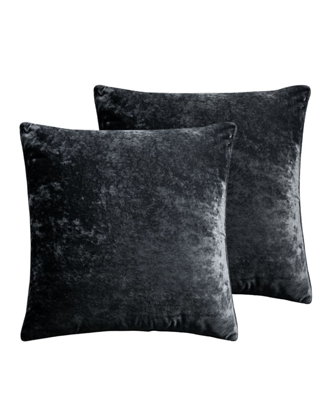 Morgan and Reid Black Velvet Crushed Snuggle Fleece European Pillowcase Pair on a styled bed with matching comforter