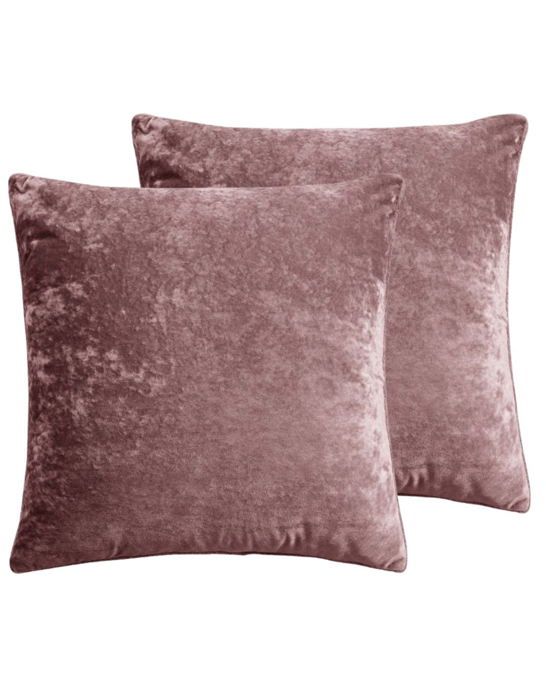 Morgan and Reid Shell Pink Velvet Crushed Snuggle Fleece European Pillowcase Pair on a styled bed with matching comforter