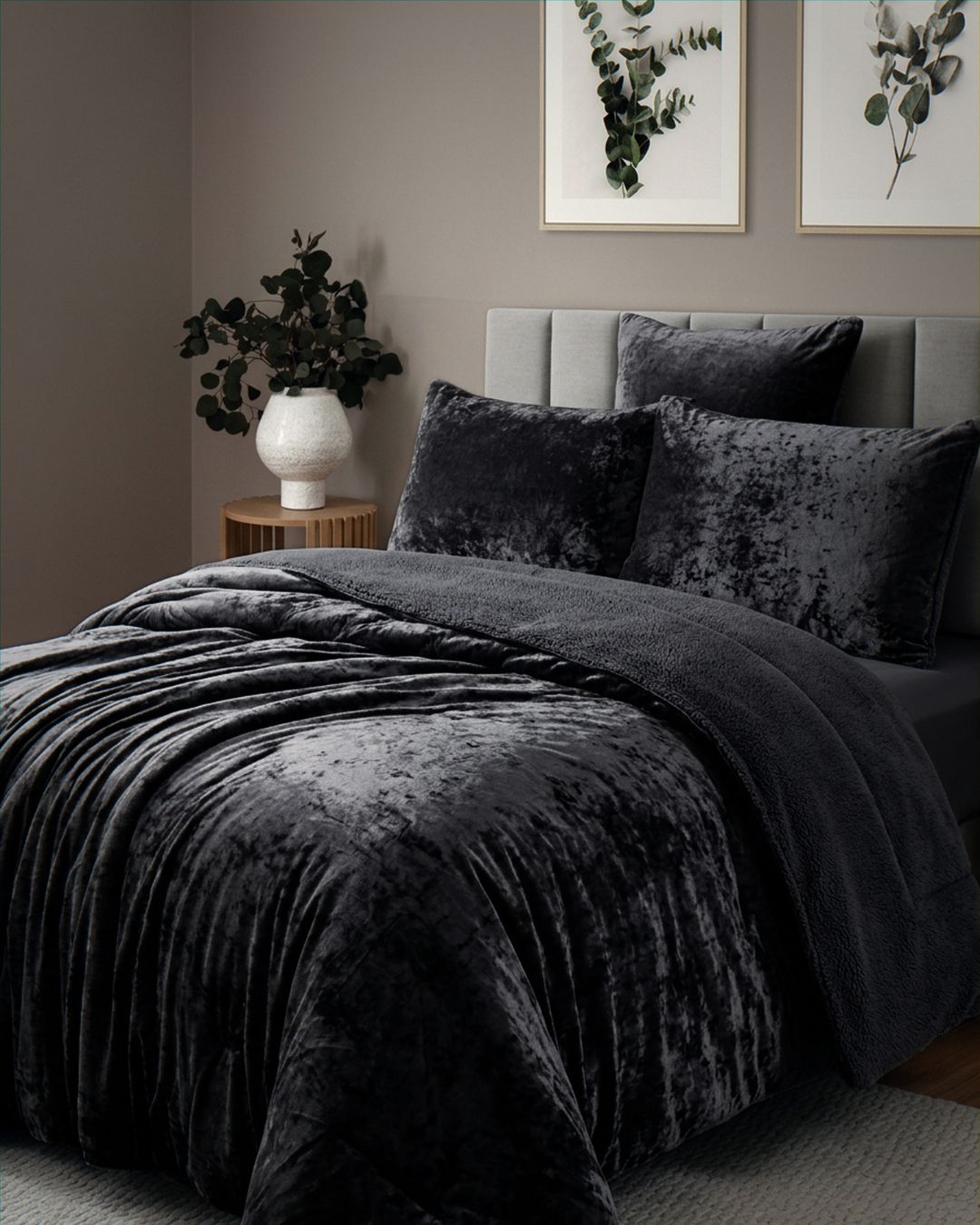 Detail shot of the Morgan and Reid Black Velvet Crushed Snuggle Fleece Pillowcase Pair on pillows