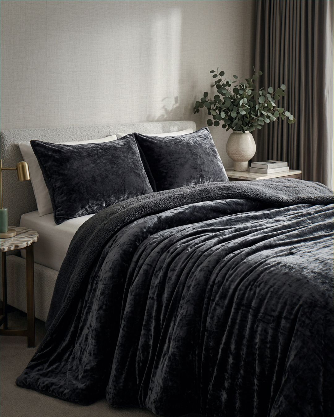 Close-up of the Morgan and Reid Black Velvet Crushed Snuggle Fleece Pillowcase Pair showing fabric texture