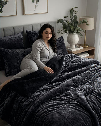 Detail shot of the Morgan and Reid Black Velvet Crushed Snuggle Fleece Comforter Set fabric and finish