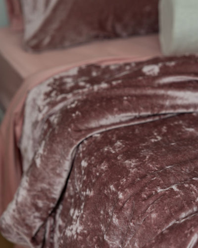 Close-up of the Morgan and Reid Shell Pink Velvet Crushed Snuggle Fleece European Pillowcase Pair showing fabric texture