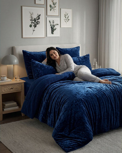 Morgan and Reid Navy Velvet Crushed Snuggle Fleece Comforter Set close-up highlighting the soft texture