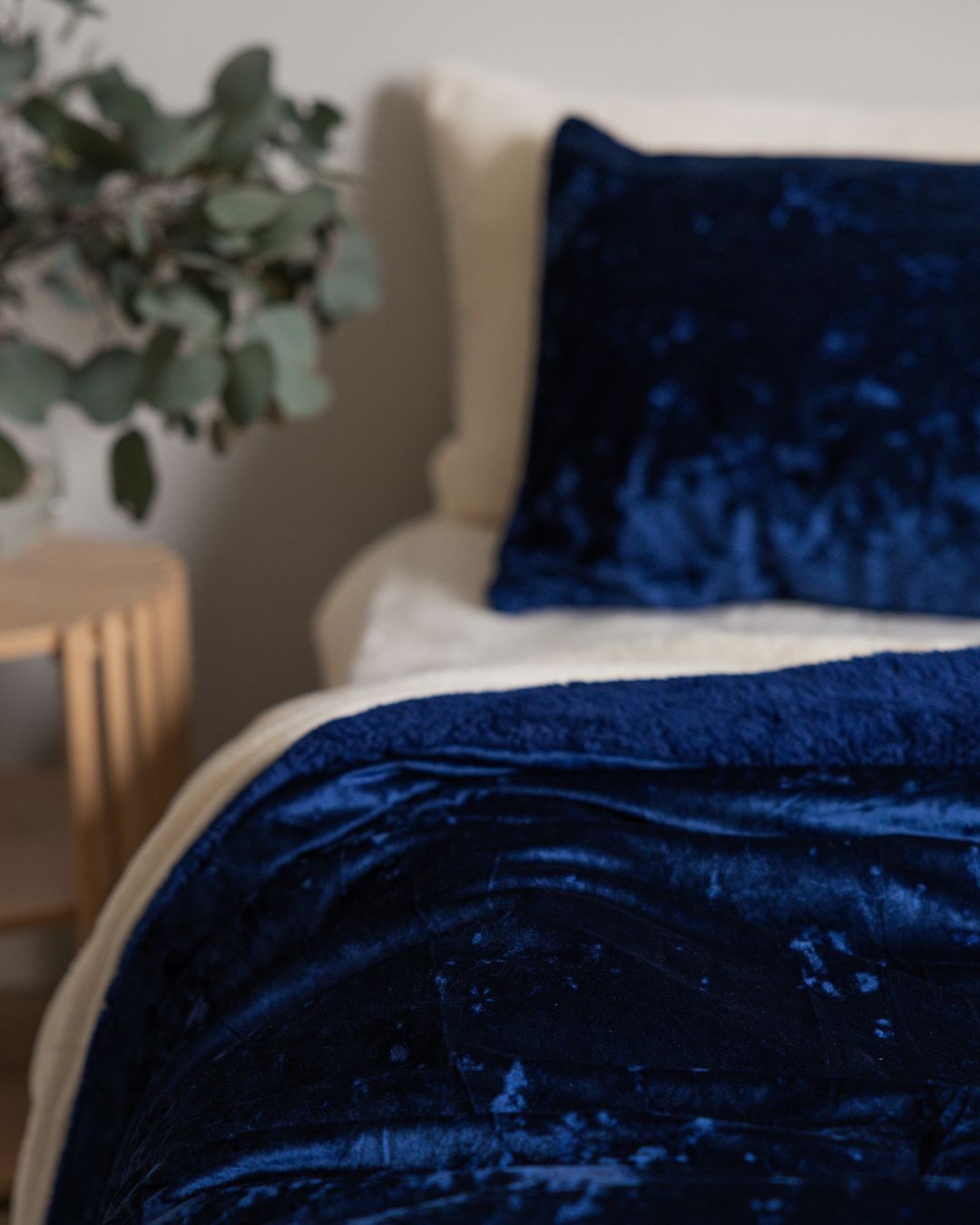 Close-up of the Morgan and Reid Navy Velvet Crushed Snuggle Fleece Pillowcase Pair showing fabric texture