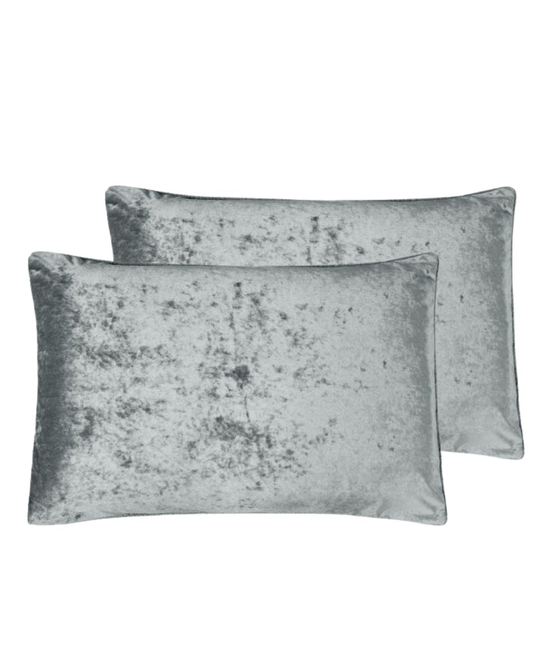 Morgan and Reid Silver Velvet Crushed Snuggle Fleece Pillowcase Pair on a styled bed with matching comforter
