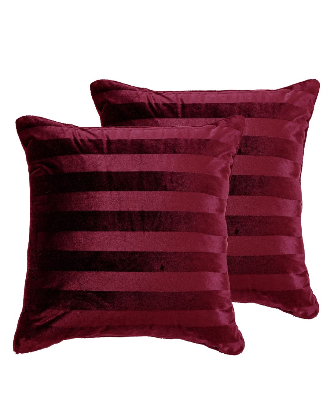Morgan and Reid Cherry Red Velvet Stripe Snuggle Fleece European Pillowcase Pair on a styled bed with matching comforter