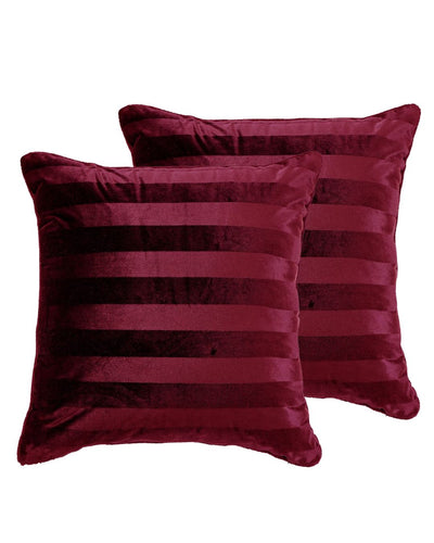 Morgan and Reid Cherry Red Velvet Stripe Snuggle Fleece European Pillowcase Pair on a styled bed with matching comforter