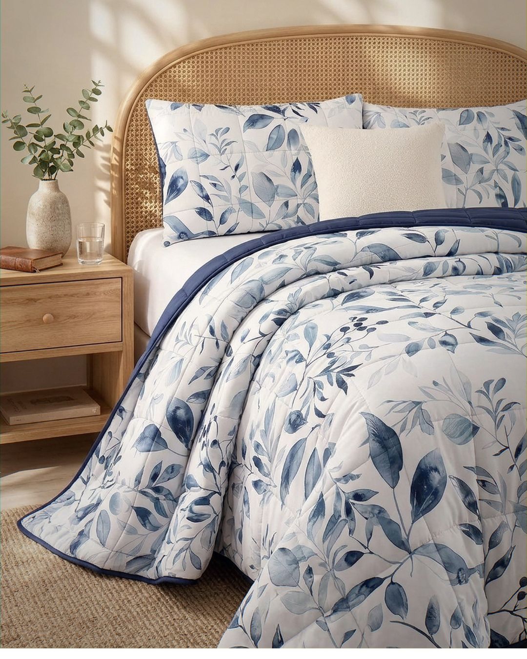 A neatly made bed with a white comforter and matching pillow shams featuring a blue botanical leaf pattern, styled in a warm bedroom setting with a wooden headboard, bedside table, and vase.