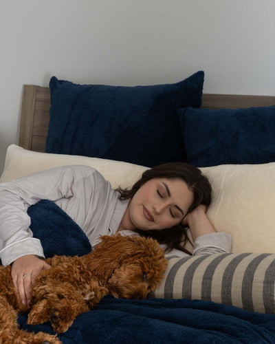 Close-up of the Morgan and Reid Pagnet Blue Snuggle Fleece European Pillowcase Pair showing fabric texture
