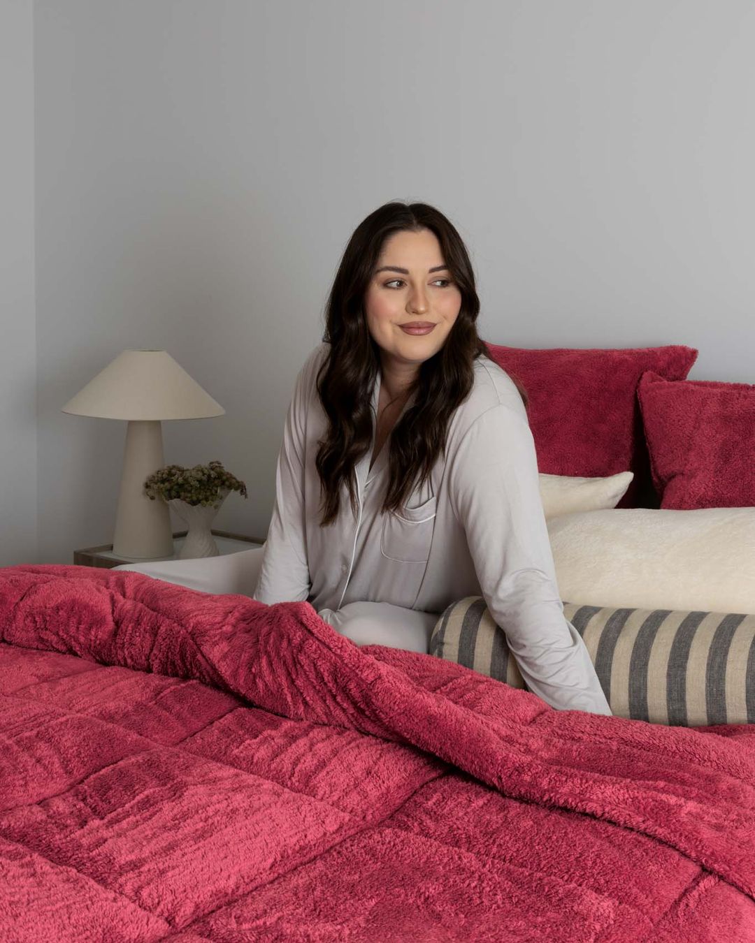 Morgan and Reid Rhubarb Snuggle Fleece Comforter Set in a cosy bedroom lifestyle setting