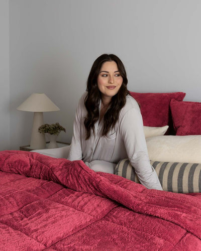 Morgan and Reid Rhubarb Snuggle Fleece Comforter Set in a cosy bedroom lifestyle setting