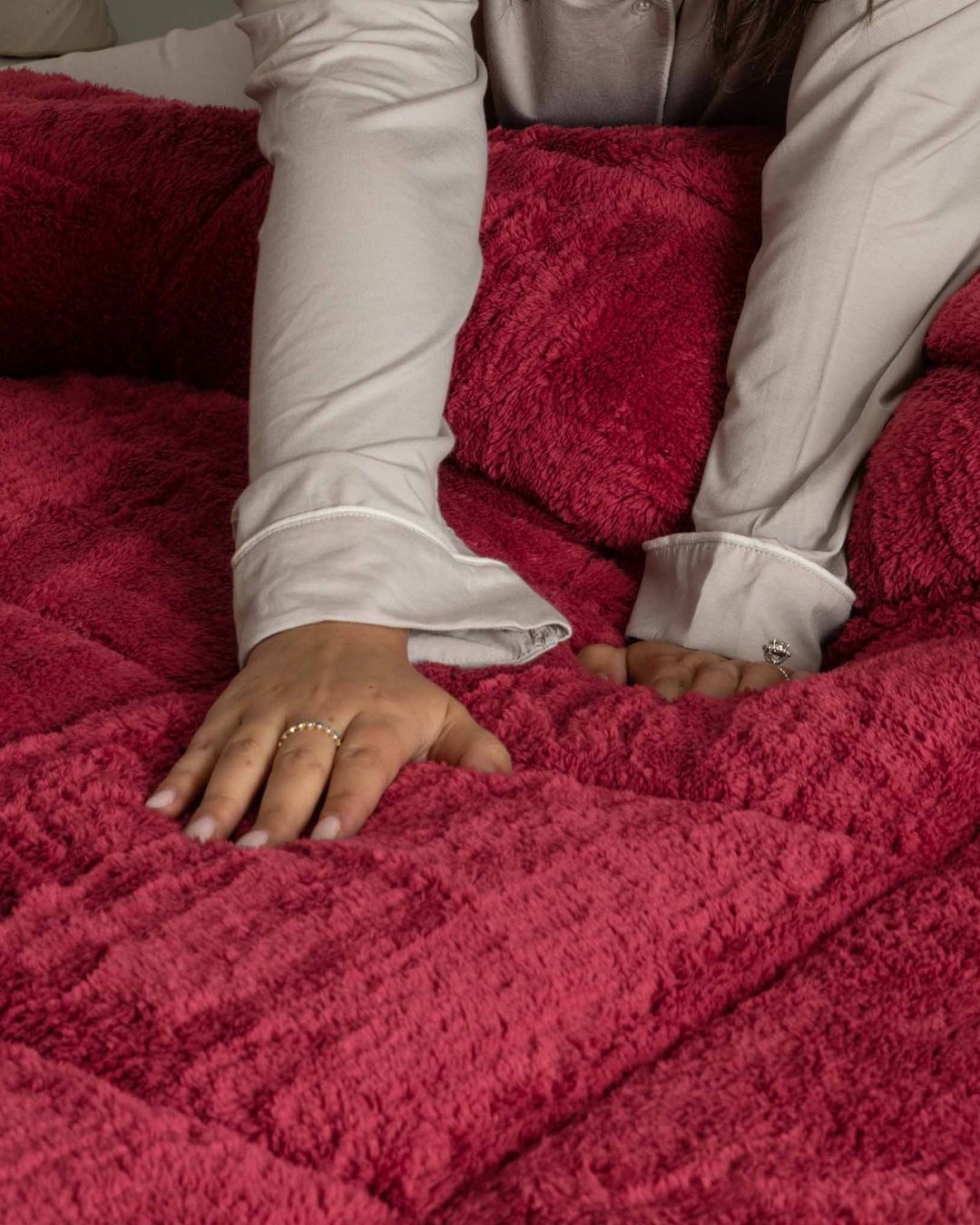 Morgan and Reid Rhubarb Snuggle Fleece Comforter Set styled bed with coordinating bedroom decor
