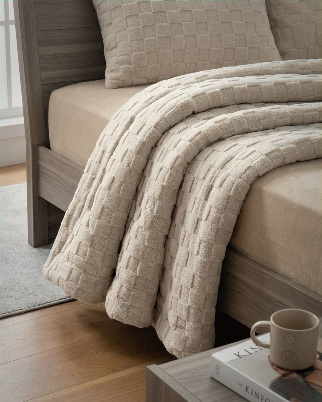 Sand checkered snuggle fleece comforter draped over foot of wooden bed with matching pillow, lifestyle shot