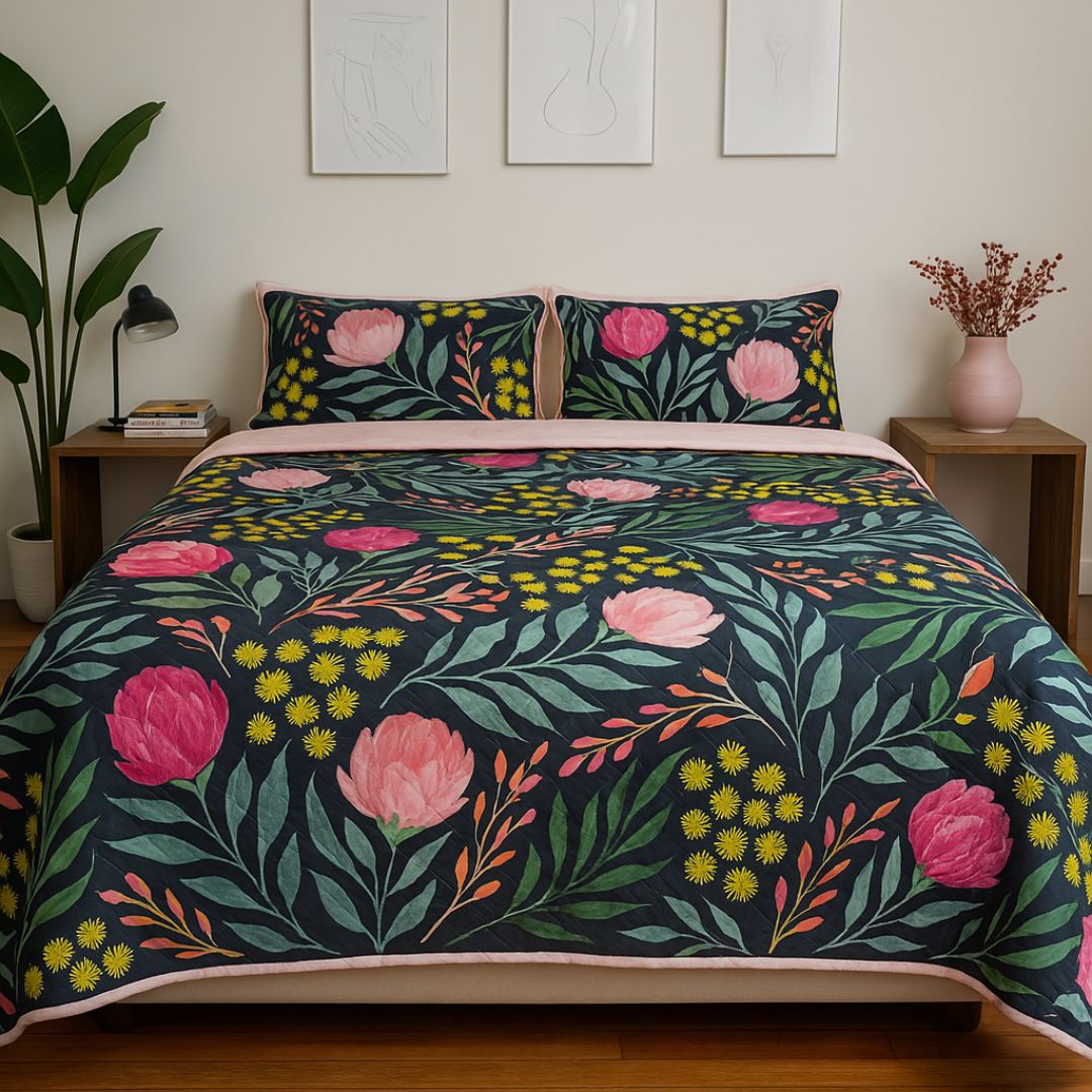 A bed styled with the Sienna Living BSM Claire Coverlet Set—featuring a dark floral pattern with pink flowers and green leaves—plus matching pillows, wooden nightstands, plants, and minimalist art on the white wall above.