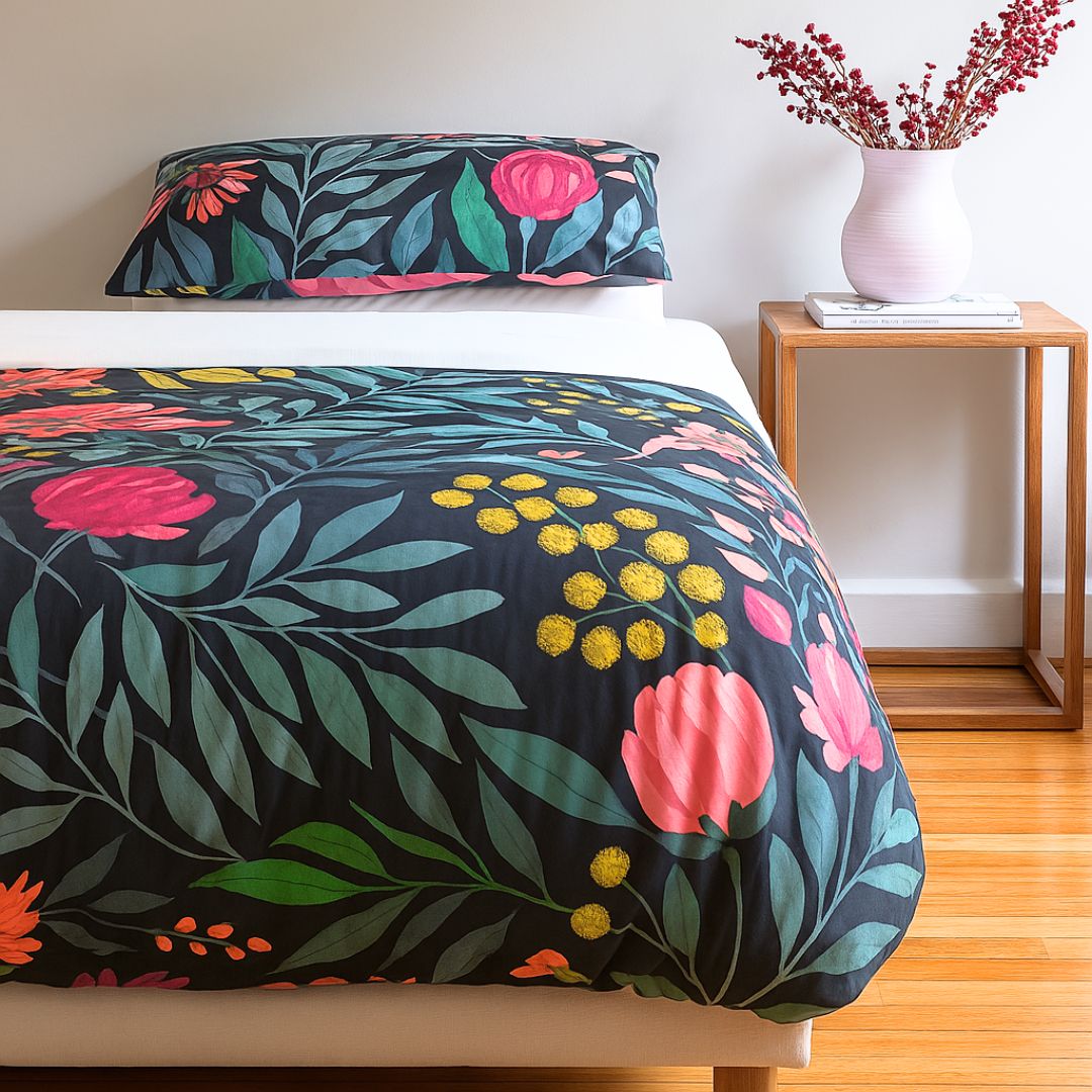 A bed styled with the Sienna Living BSM Claire Coverlet Set—featuring a dark floral pattern with pink flowers and green leaves—plus matching pillows, wooden nightstands, plants, and minimalist art on the white wall above.