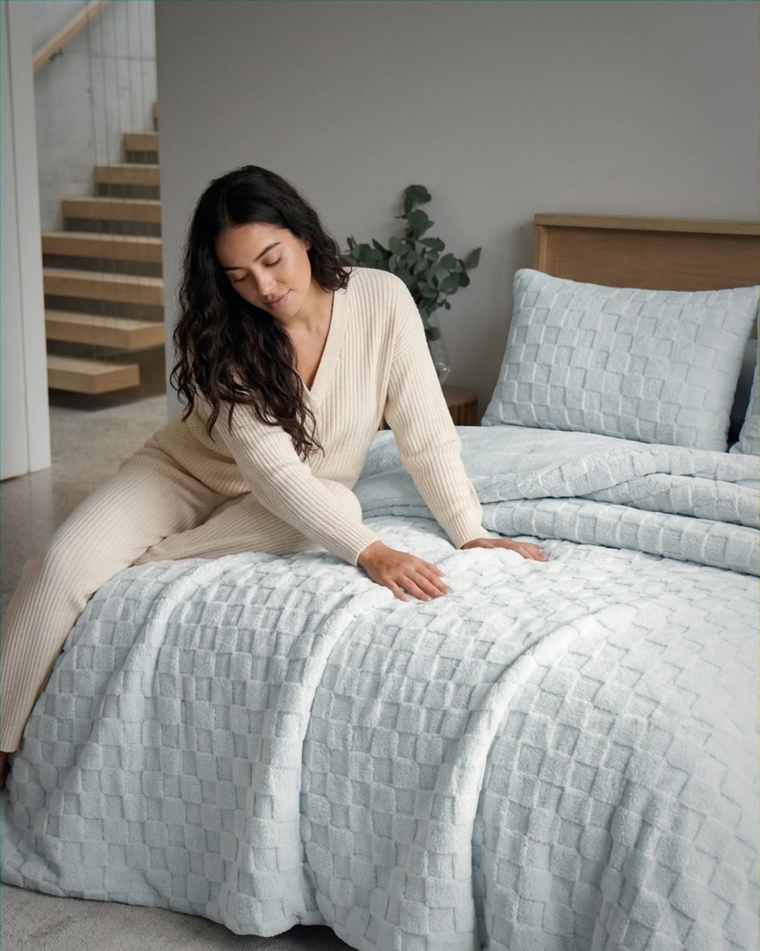 Woman smoothing soft blue checkered fleece comforter set on bed in cozy bedroom lifestyle shot
